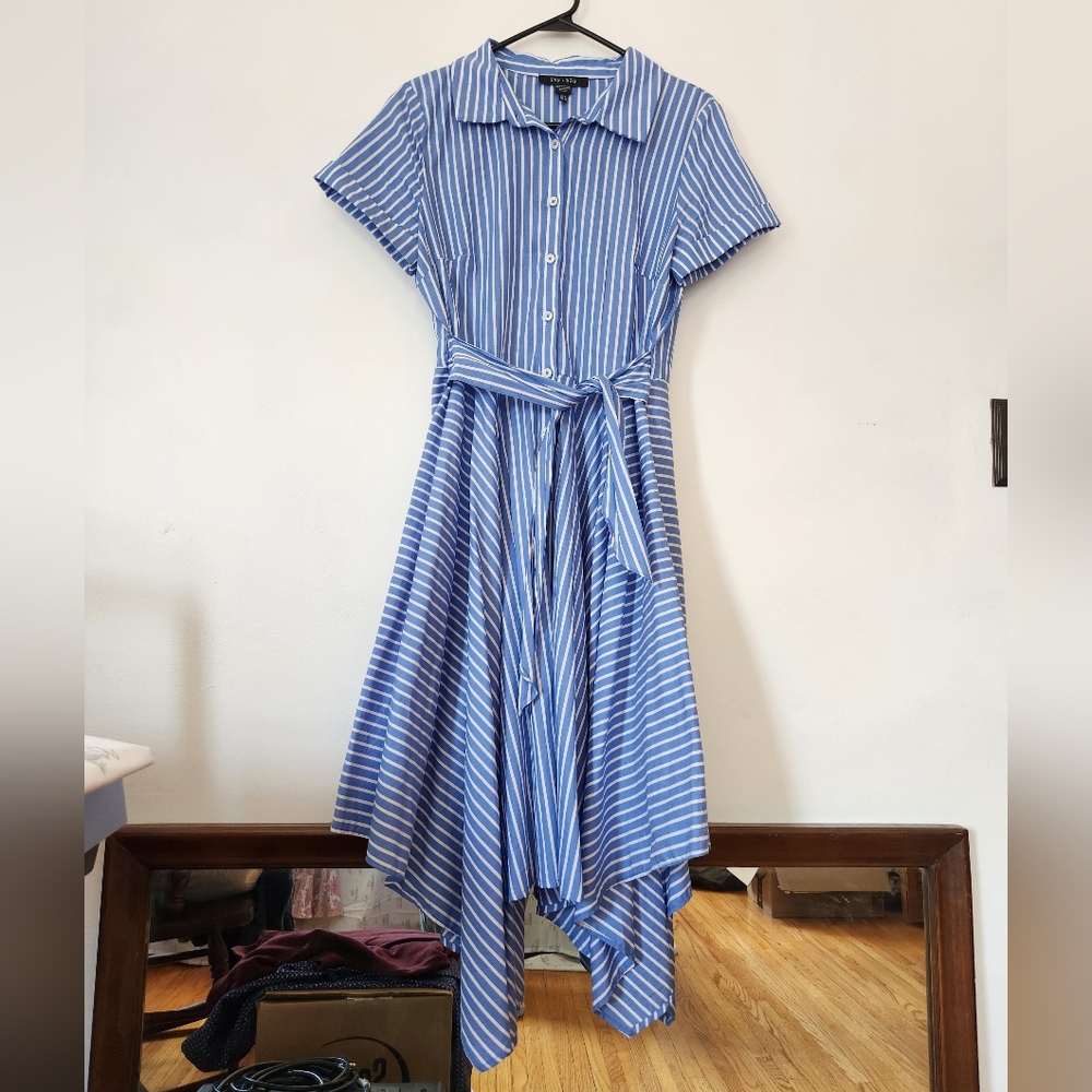 Ivy + blu blue and white vertical stripped handkerchief midi dress Size 8